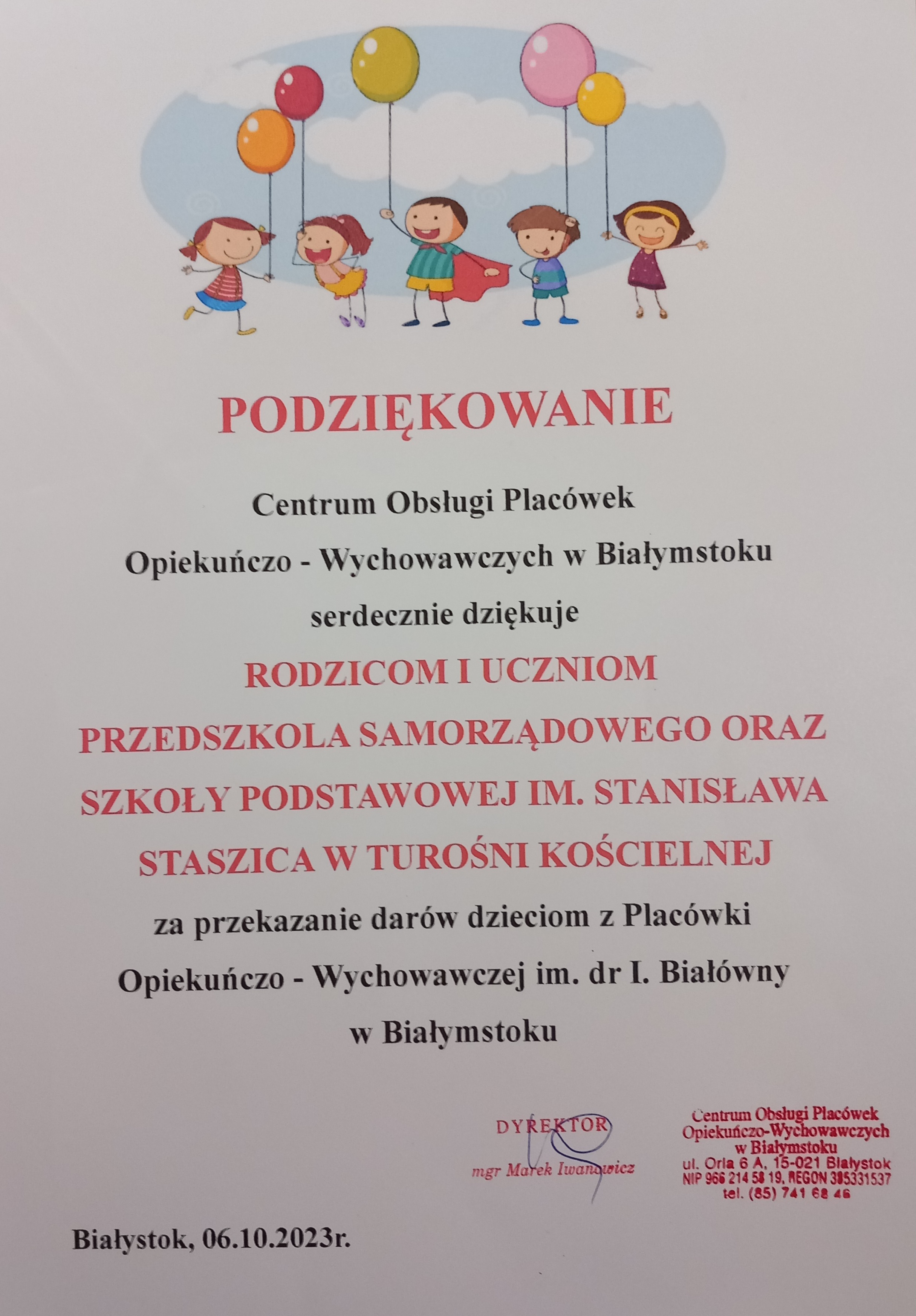 Podziękowanie od Centrum Obsługi Placówek Opiekuńczo Wychowawczych w Białymstoku
