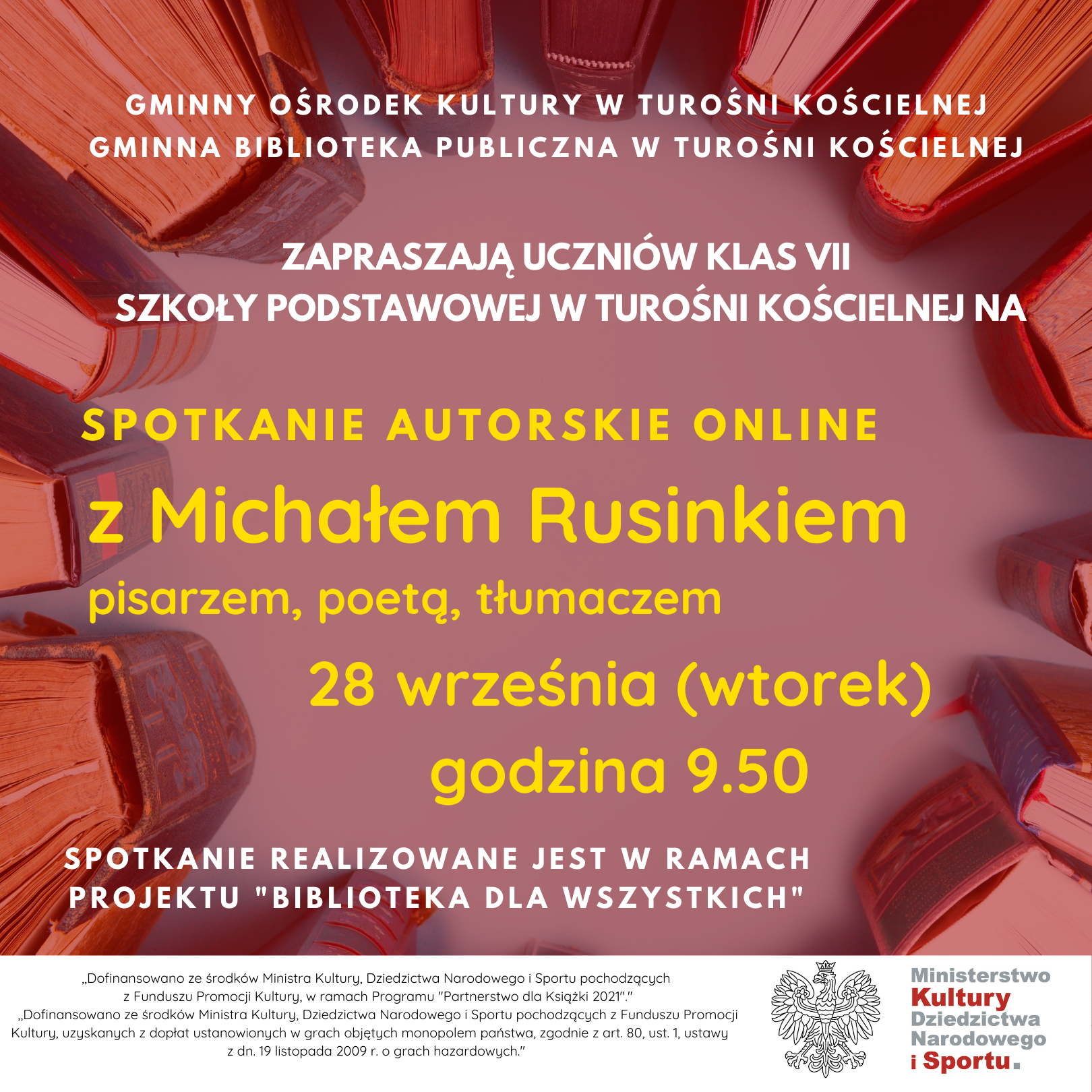 Plakat spotkanie autorskie online z Michalem Rusinkiem dla uczniow klas VII Szkoly Podstawowej w Turosni Koscielnej